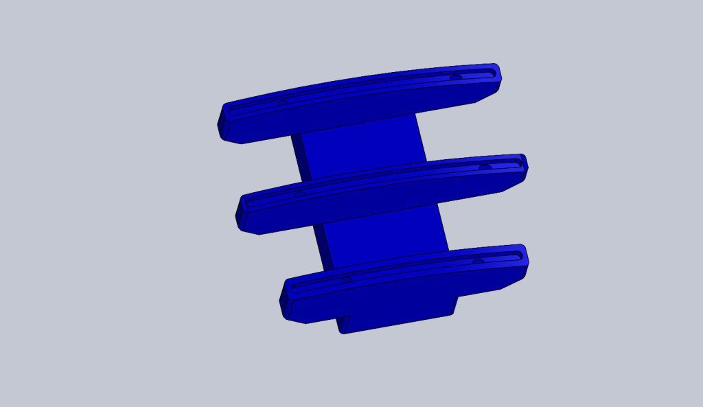 Blue 3D CAD model of a three-arm bracket with parallel elongated slots connected by a central vertical fin