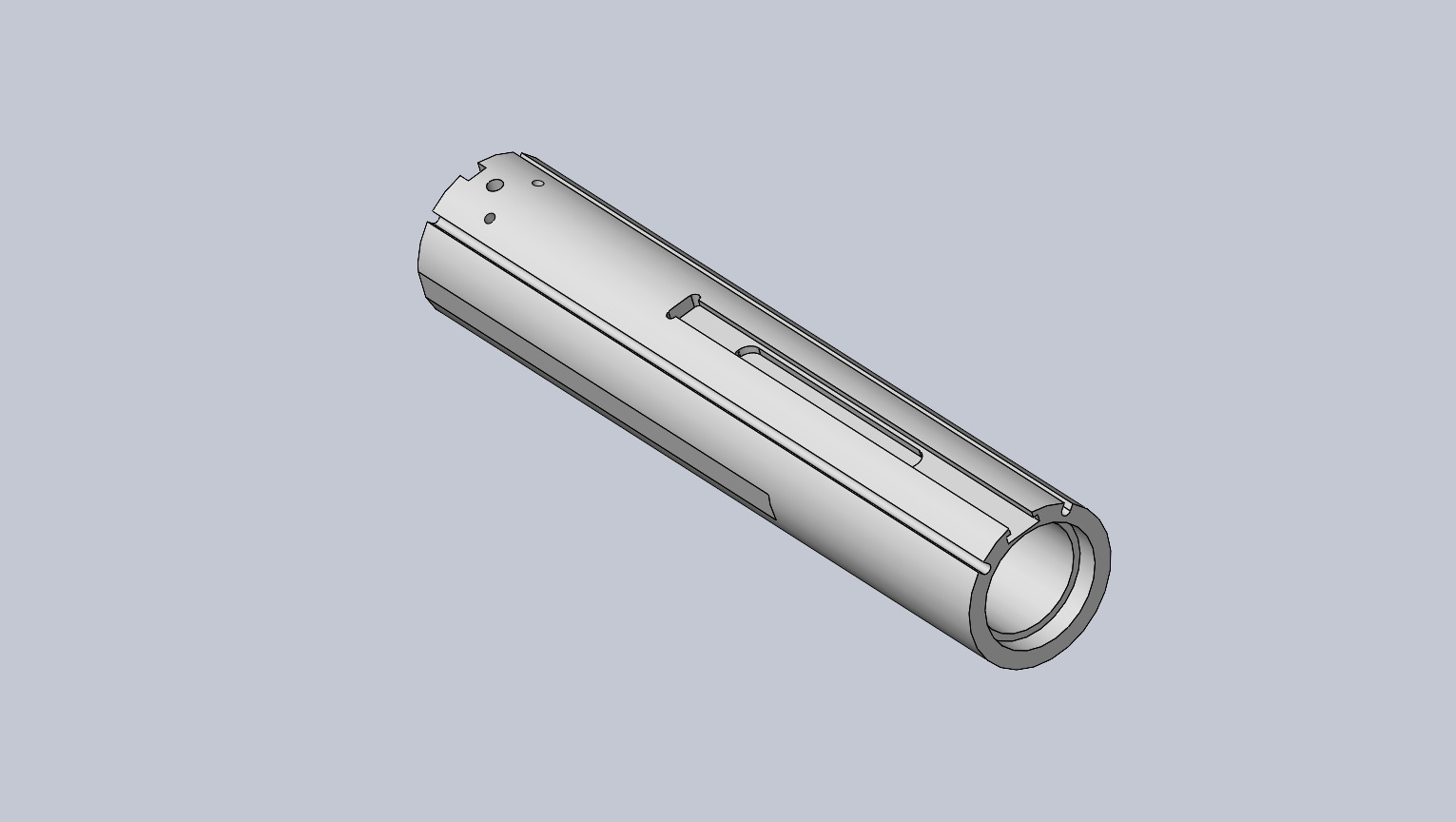 Cylindrical metal housing with an internal longitudinal slot and grooves, shown at an angle.
