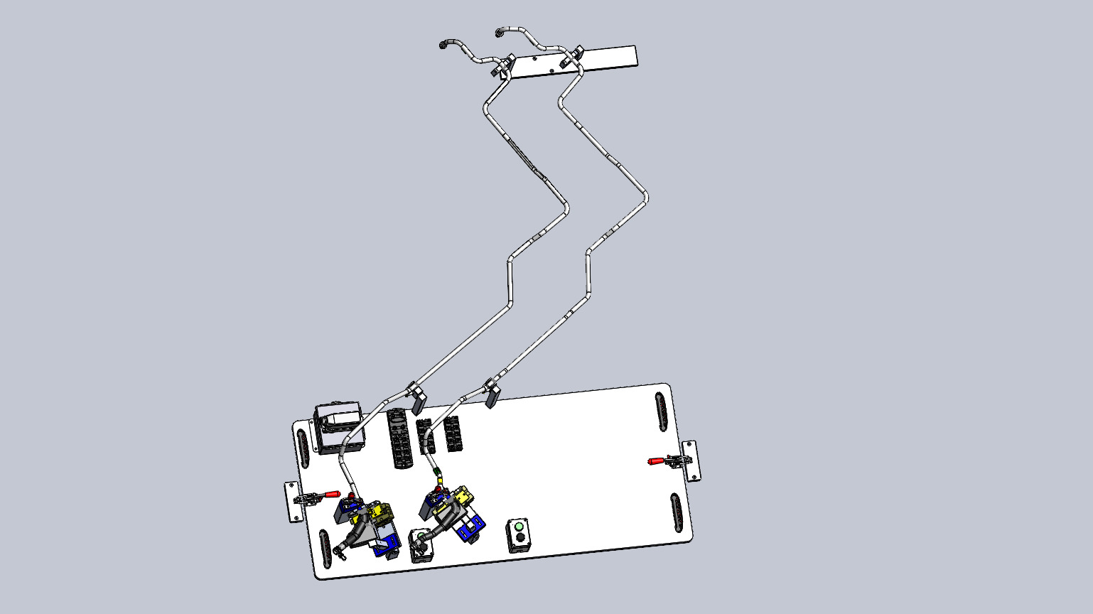 White control panel with multiple connectors and two flexible conduit arms extending upward above the panel.