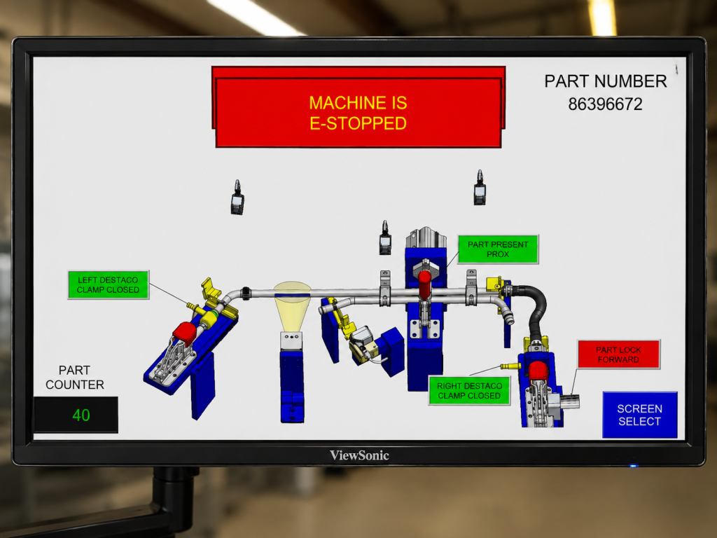 Monitor showing an industrial machine diagram with a red 'MACHINE IS E-STOPPED' banner and part counter '40' at lower left.