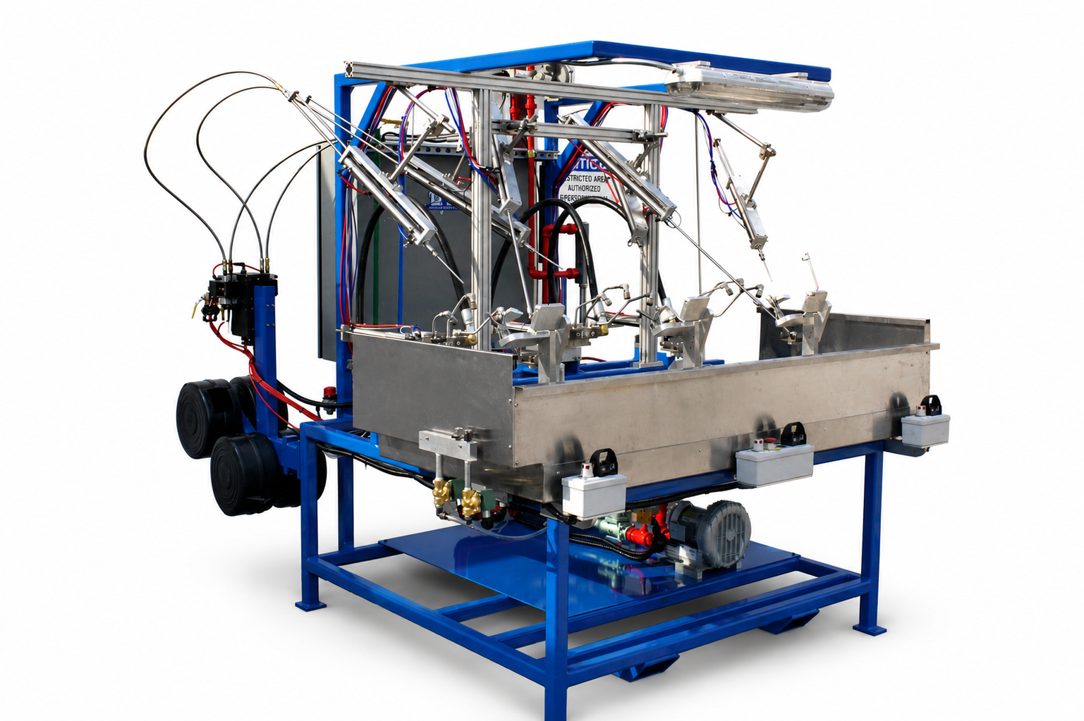 Industrial automated manufacturing machine with a blue frame, stainless fixtures, and wiring.