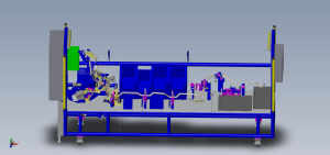 Side view of a large blue-frame industrial machine with copper tubing, purple clamps, and a green control panel on the left.