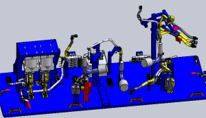Lego Technic robotic assembly line with three blue and yellow arms on a blue base plate, connected hoses and gears on a factory-like setup.