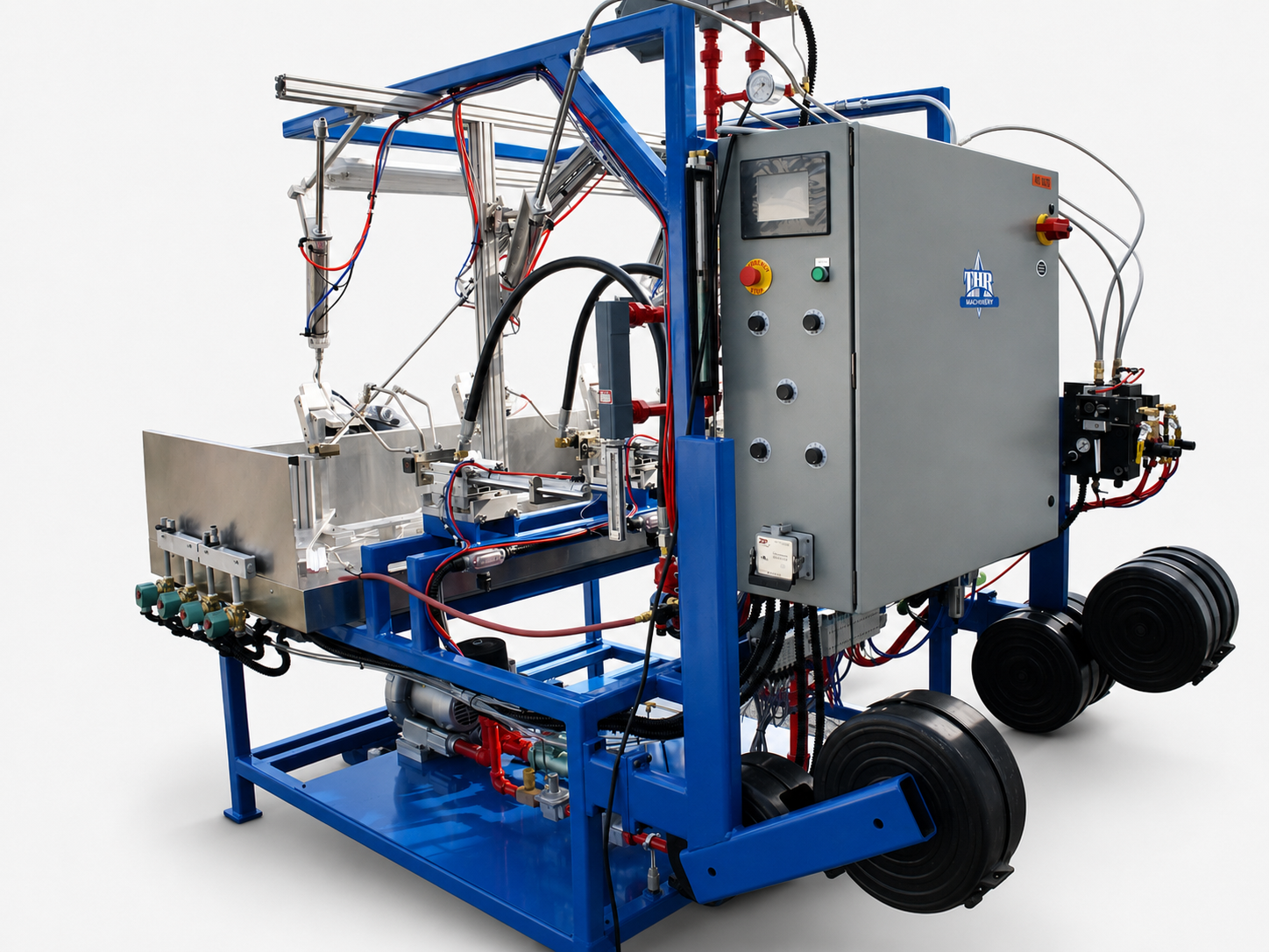 Industrial hydraulic testing rig on a blue metal frame with control panel and hoses; wheeled base and gauges visible, used for machinery testing or calibration.