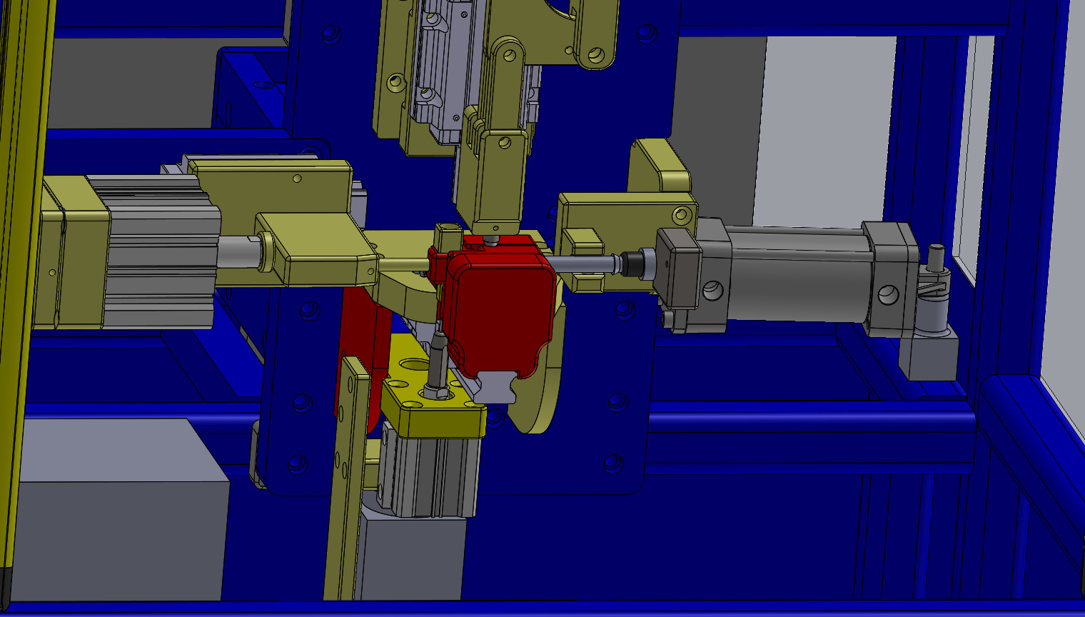 CAD drawing of a blue machine frame with a red workpiece held by gold fixtures, driven by a left motor and a right ball-screw actuator.