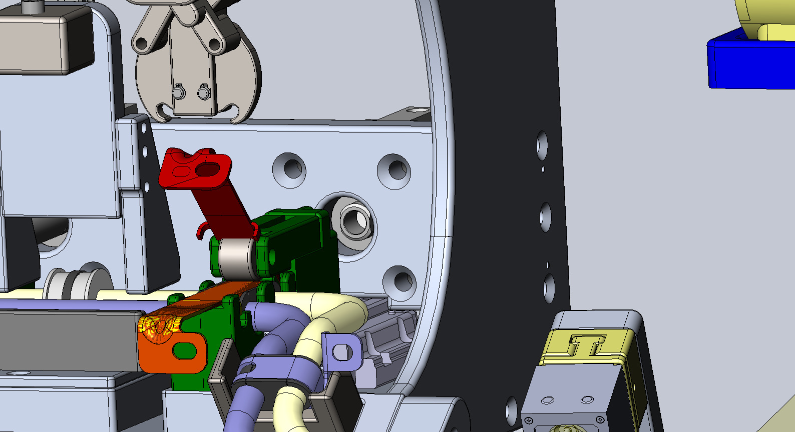Cross-section view of a mechanical assembly with colored levers, linkages and cables inside a metal housing.